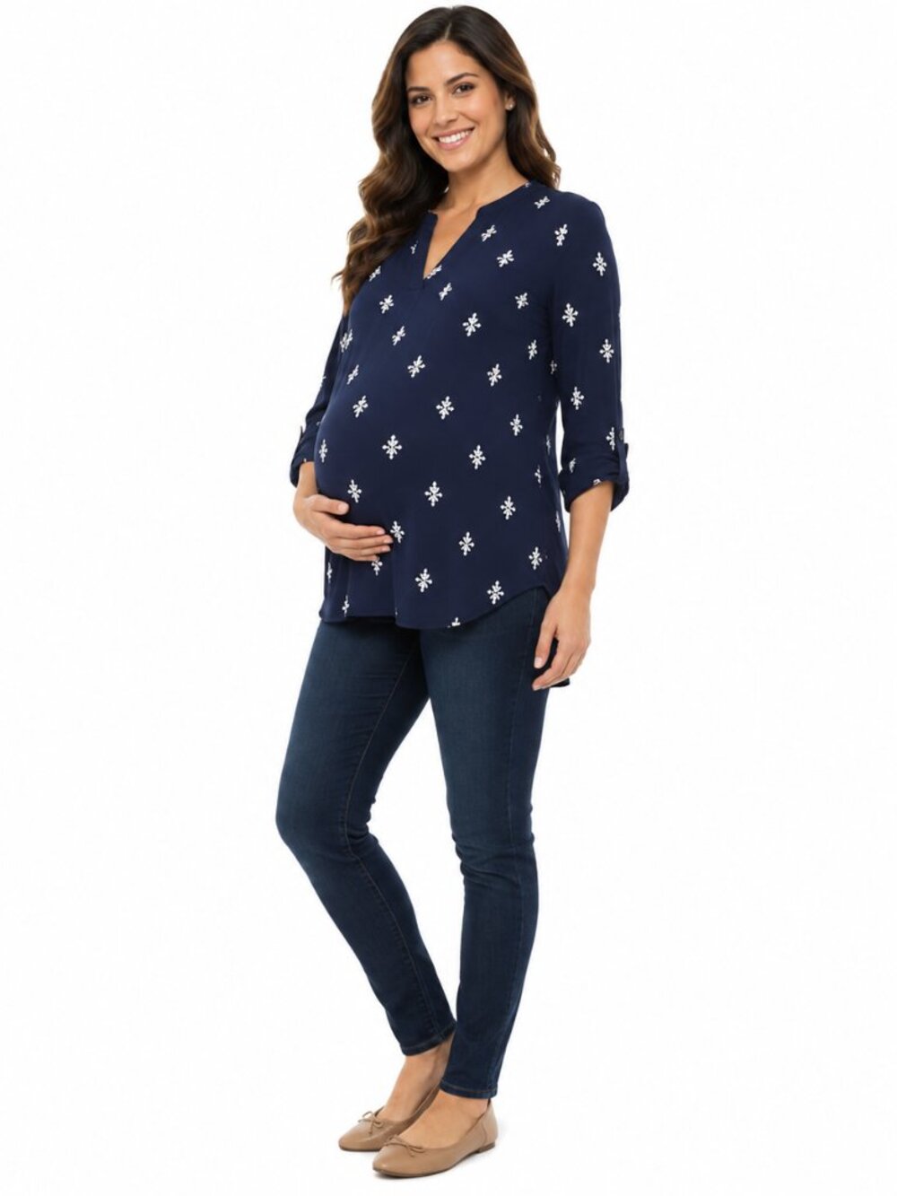 2/$20 Mountain Mamas Maternity Navy Snowflake Tunic Top 3/4 Sleeve V Neck Sz XS